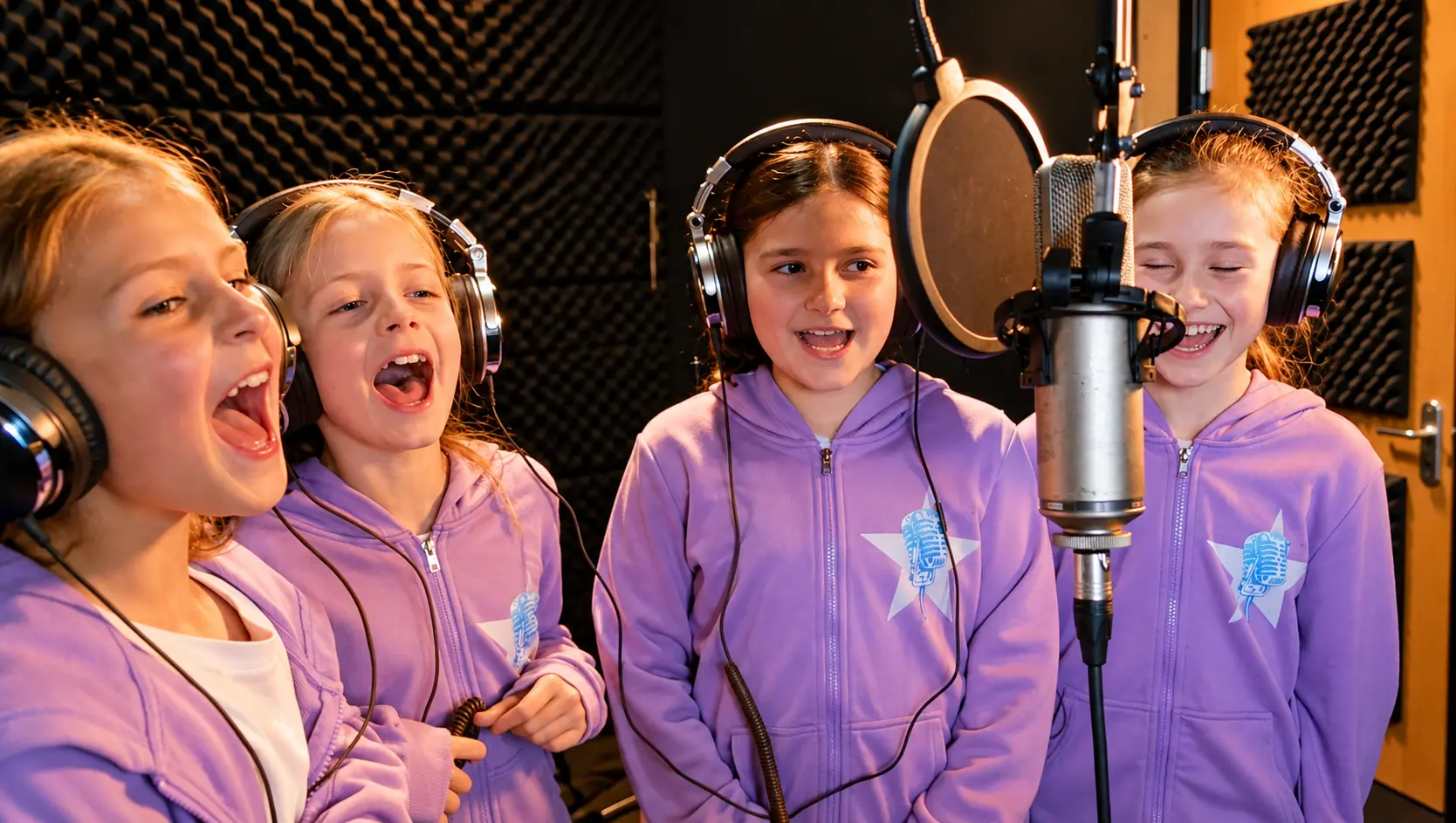 Rising Stars singers in purple hoodies singing together in the recording studio