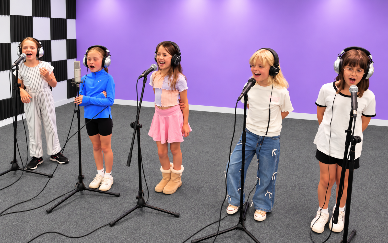 Rising Stars children singing with headphones at the studio microphones