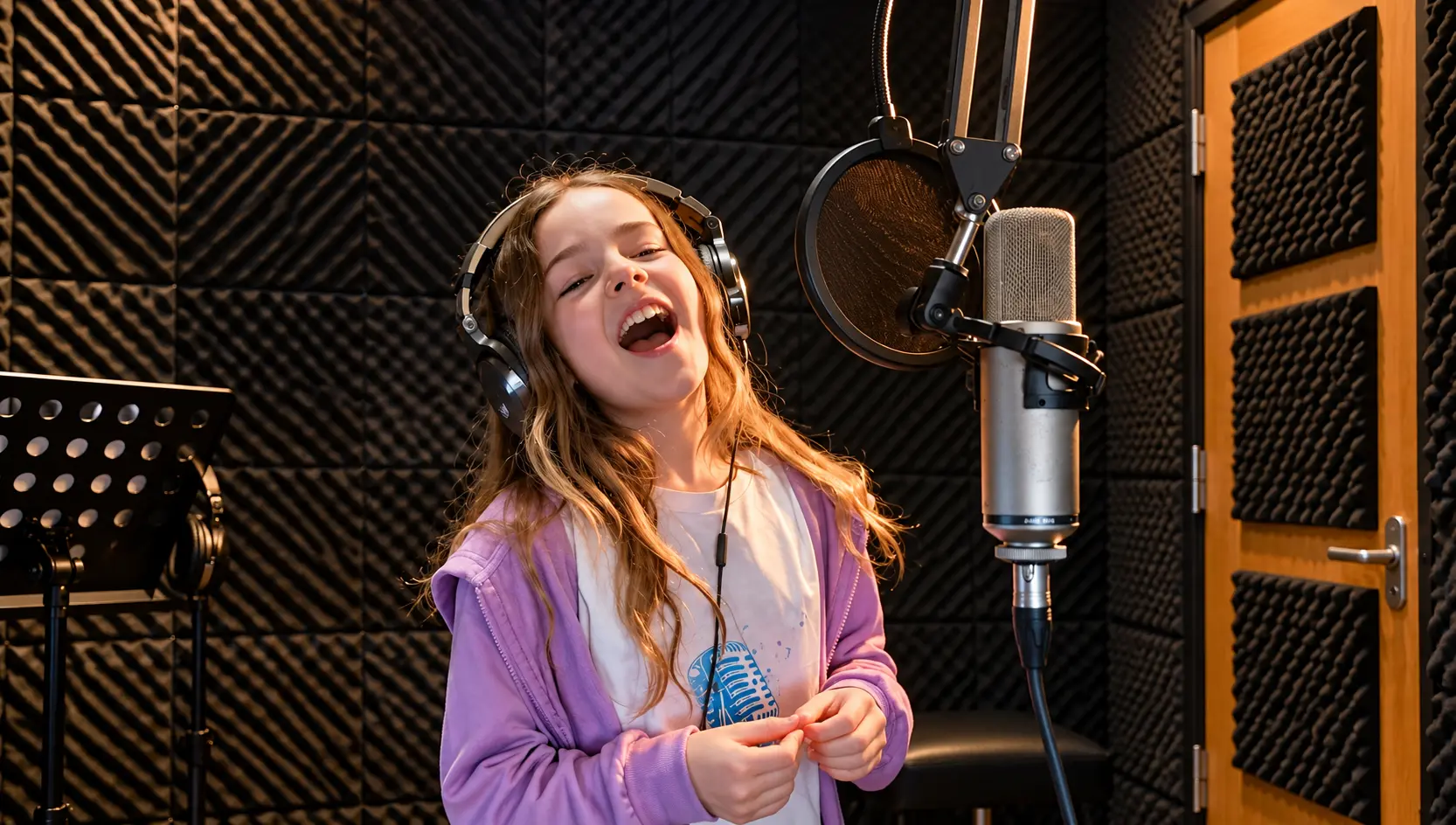 A young singer recording in the studio with headphones on
