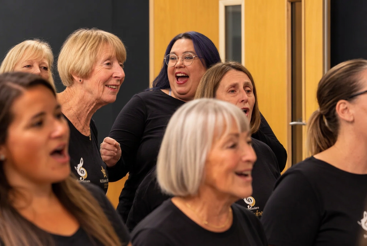 Singing for the Soul members in black shirts singing together in rehearsal