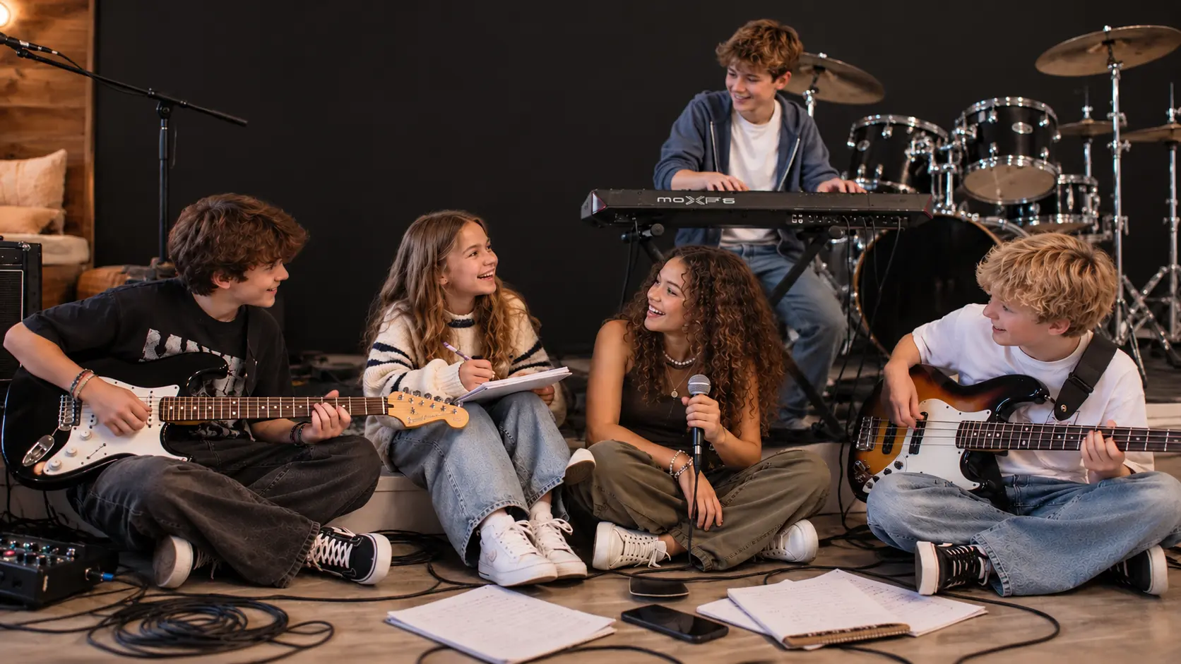 Young musicians rehearsing together around a keyboard