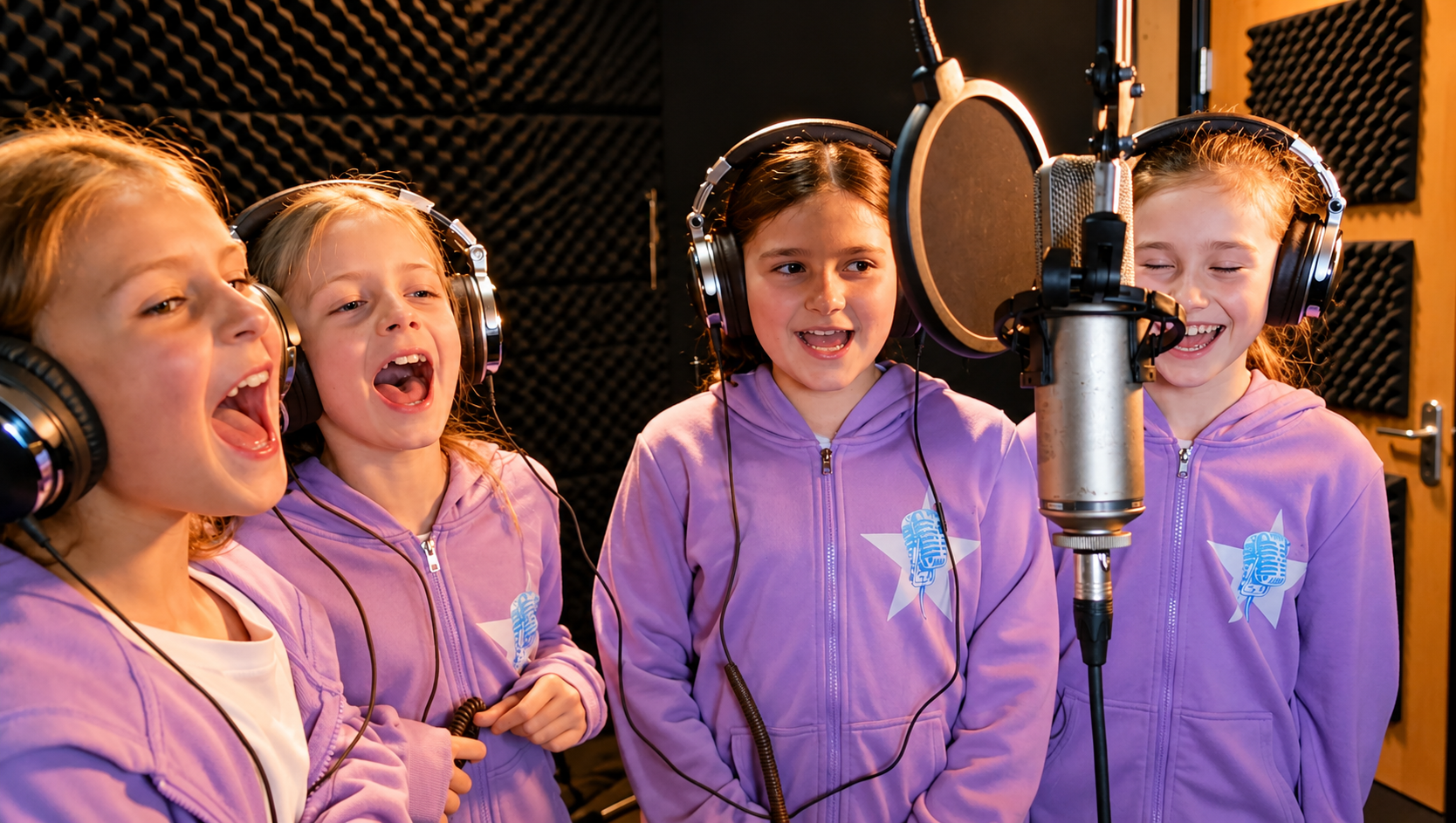 Four Rising Stars singers in purple hoodies singing together at the studio microphone